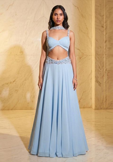 Blue Embroidered Handwork Lehenga Set
