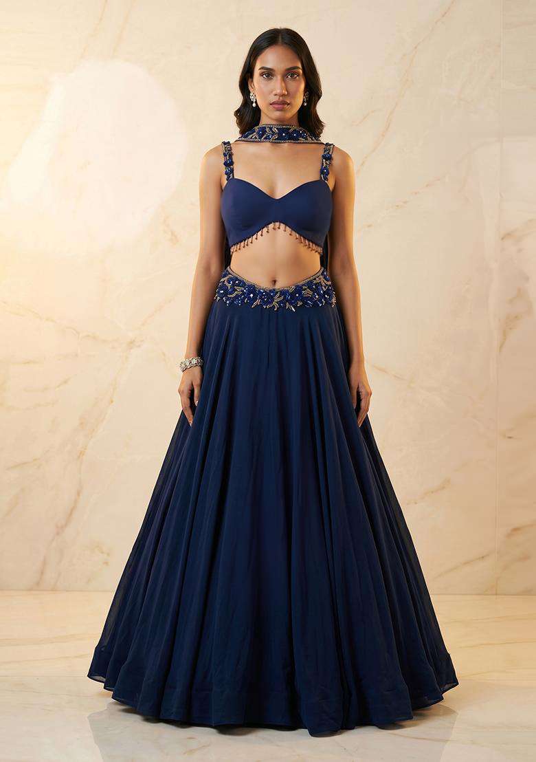 Navy Blue Embroidered Handwork Lehenga Set - Indya