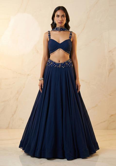 Navy Blue Embroidered Handwork Lehenga Set