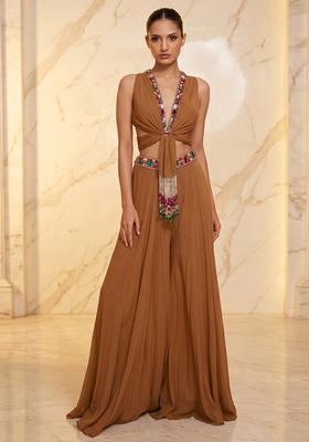 Beige Embroidered Handwork Fusion Set