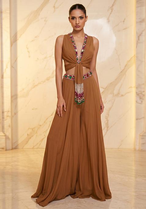Beige Embroidered Handwork Fusion Set