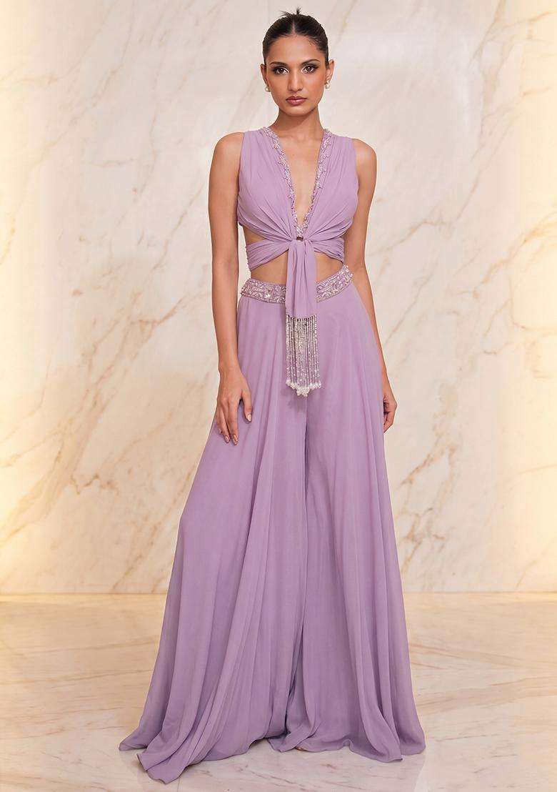 Lavender Embroidered Handwork Fusion Set - Indya