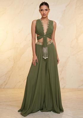 Olive Green Embroidered Handwork Fusion Set