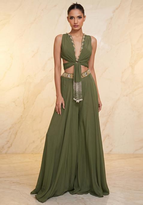 Olive Green Embroidered Handwork Fusion Set