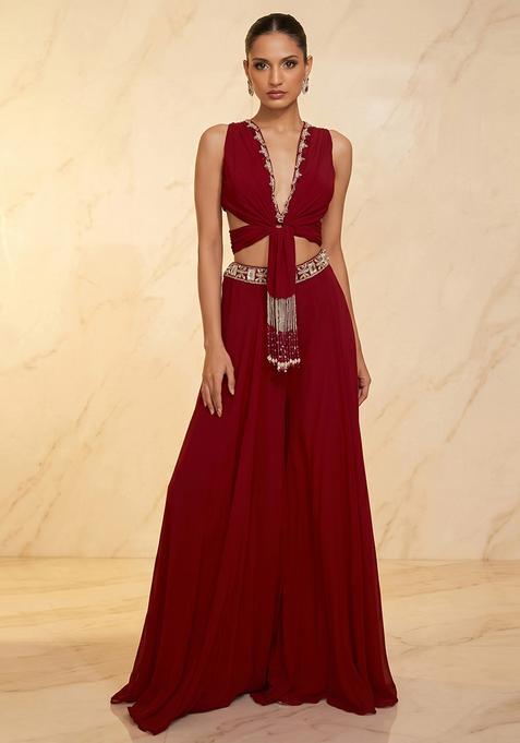 Red Embroidered Handwork Fusion Set