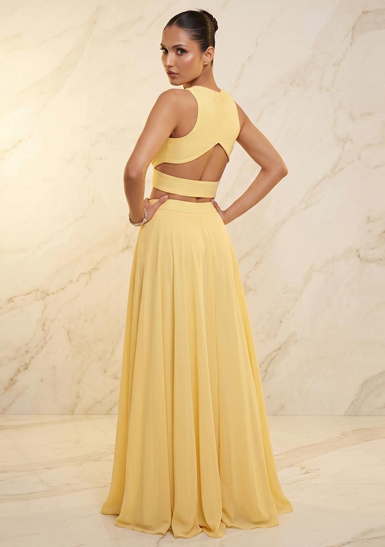 Yellow Embroidered Handwork Fusion Set - Indya