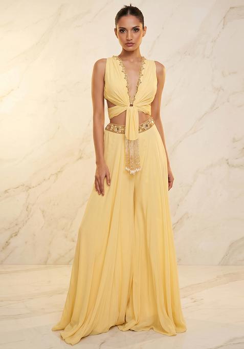 Yellow Embroidered Handwork Fusion Set
