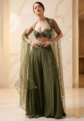 Olive Green Embroidered Handwork Sharara Set