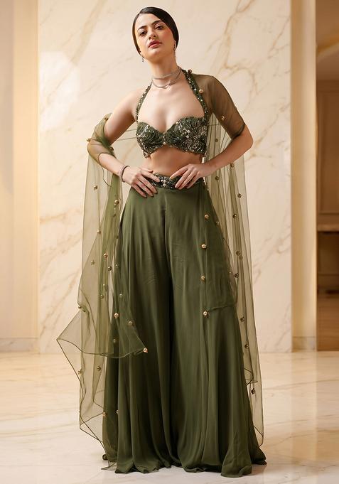 Olive Green Embroidered Handwork Sharara Set