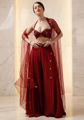 Red Embroidered Handwork Sharara Set