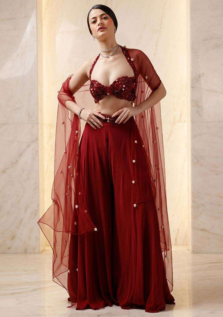 Red Embroidered Handwork Sharara Set - Indya