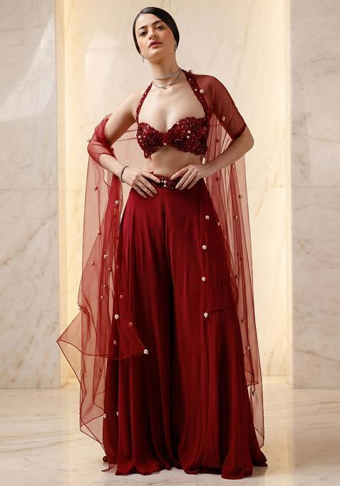 Red Embroidered Handwork Sharara Set