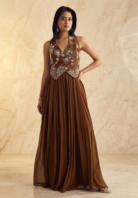 Brown Embroidered Handwork Fusion Set