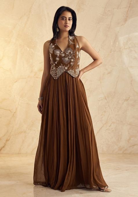 Brown Embroidered Handwork Fusion Set
