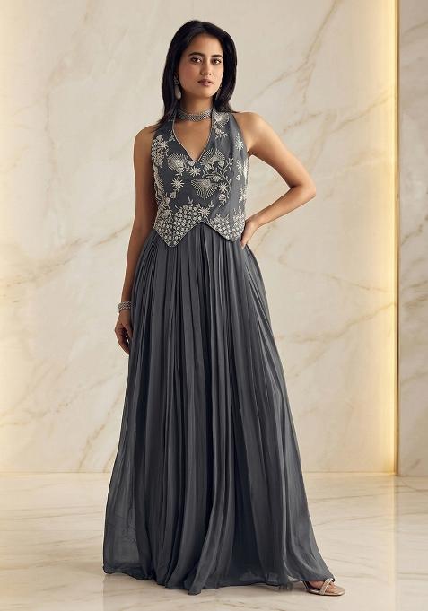 Grey Embroidered Handwork Fusion Set