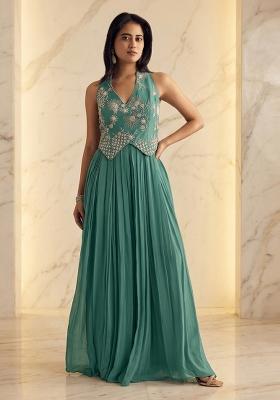 Sea Green Embroidered Handwork Fusion Set