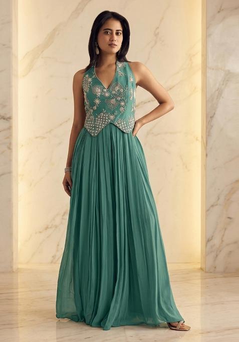 Sea Green Embroidered Handwork Fusion Set