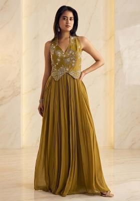 Olive Green Embroidered Handwork Fusion Set
