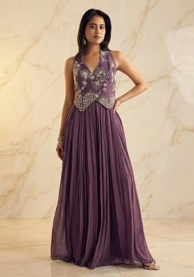 Purple Embroidered Handwork Fusion Set