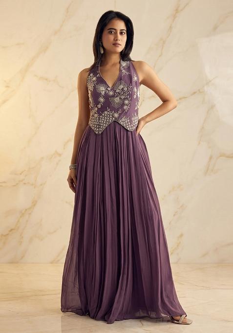 Purple Embroidered Handwork Fusion Set