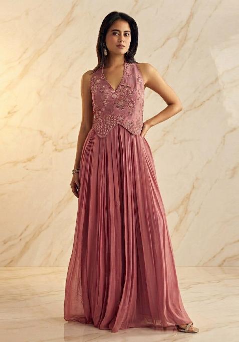 Rose Pink Embroidered Handwork Fusion Set