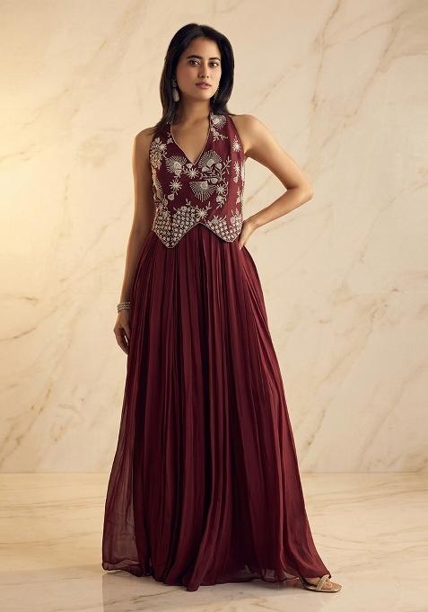 Wine Embroidered Handwork Fusion Set