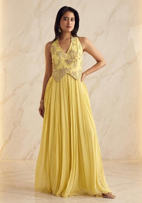Yellow Embroidered Handwork Fusion Set