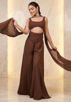 Brown Embroidered Handwork Fusion Set
