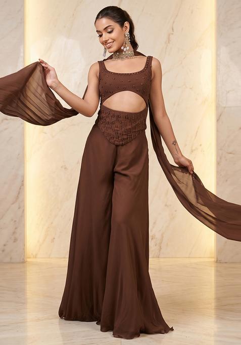 Brown Embroidered Handwork Fusion Set