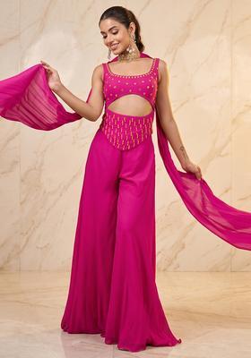 Hot Pink Embroidered Handwork Fusion Set