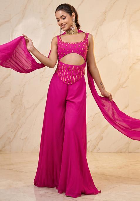 Hot Pink Embroidered Handwork Fusion Set