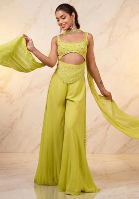 Lime Green Embroidered Handwork Fusion Set