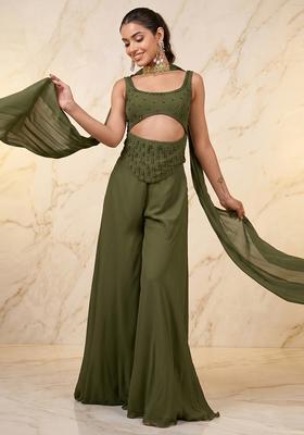 Olive Green Embroidered Handwork Fusion Set