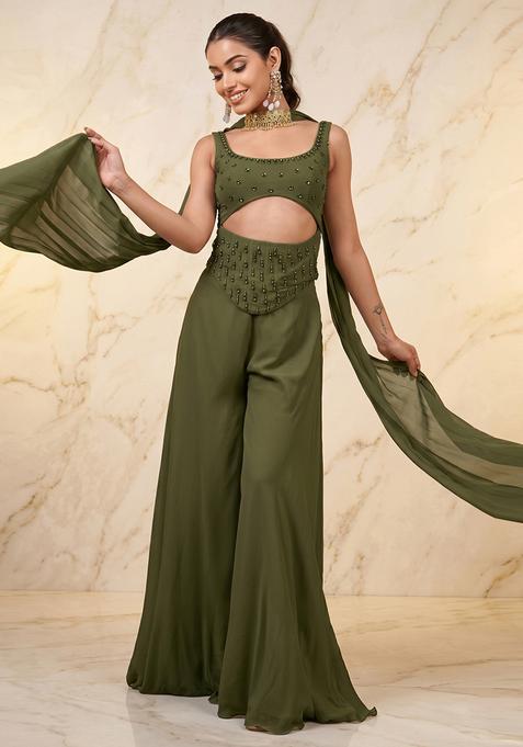 Olive Green Embroidered Handwork Fusion Set