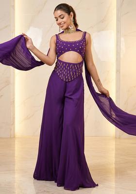 Purple Embroidered Handwork Fusion Set