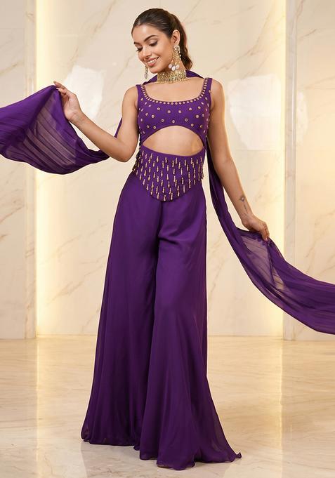 Purple Embroidered Handwork Fusion Set