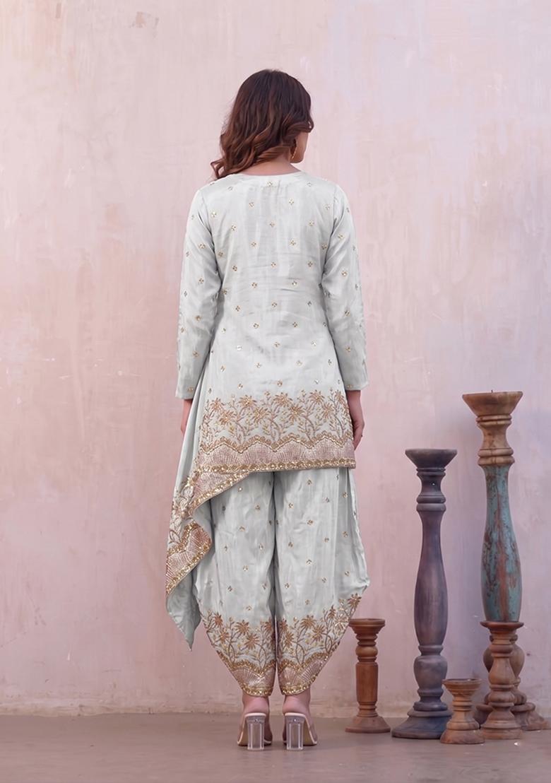 Mint Embroidered Crepe Kurta Set - Indya