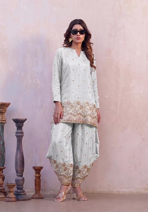 Mint Embroidered Crepe Kurta Set