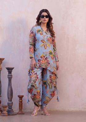 Dusty Blue Printed Organza Kurta Set