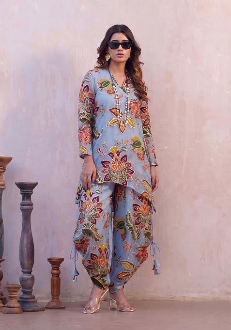 Dusty Blue Printed Organza Kurta Set