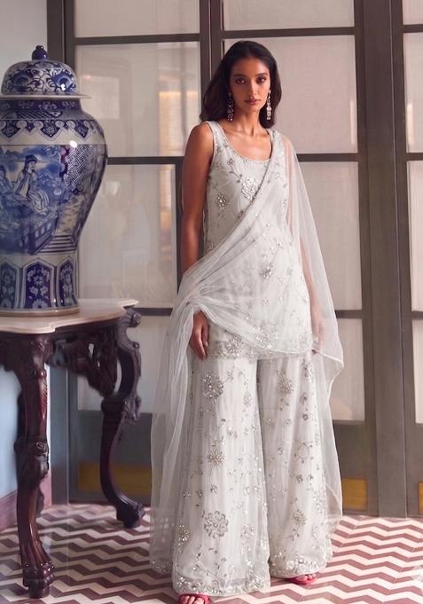 White Embroidered Silk Sharara Set