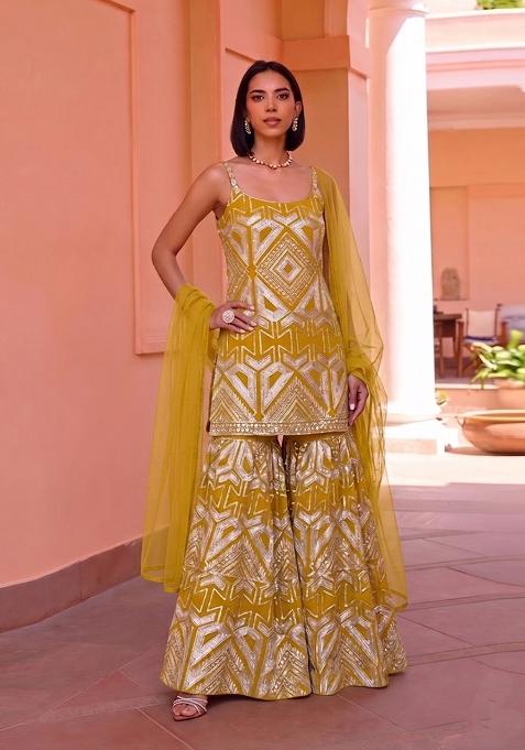 Yellow Embroidered Georgette Sharara Set