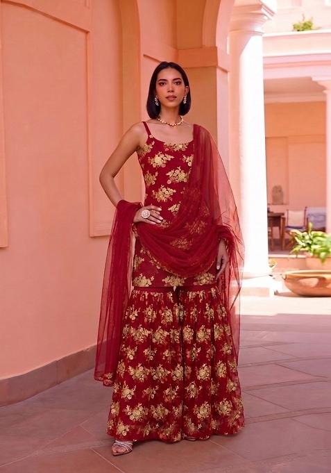 Red Embroidered Net Sharara Set