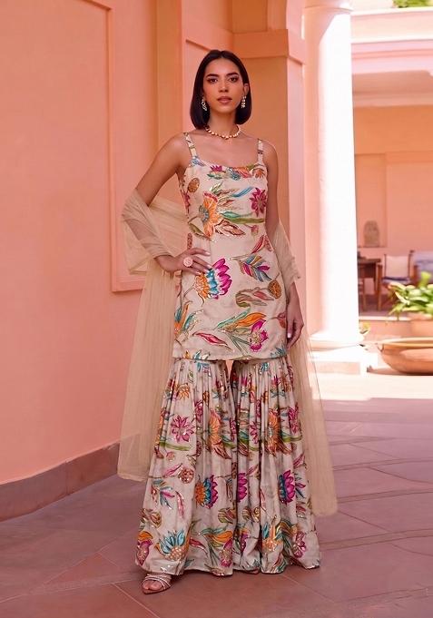 Multicolor Printed Crepe Sharara Set