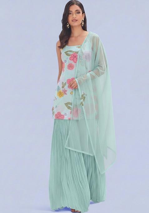Light Blue Printed Chanderi Sharara Set