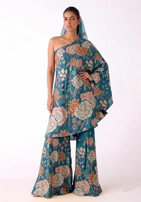 Blue Printed Chinon Sharara Set