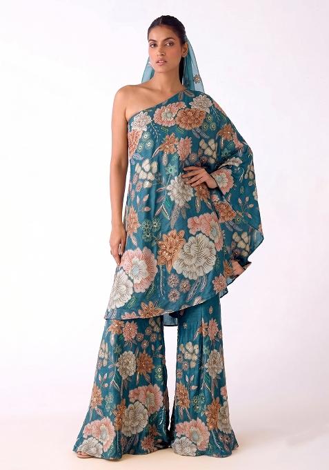 Blue Printed Chinon Sharara Set