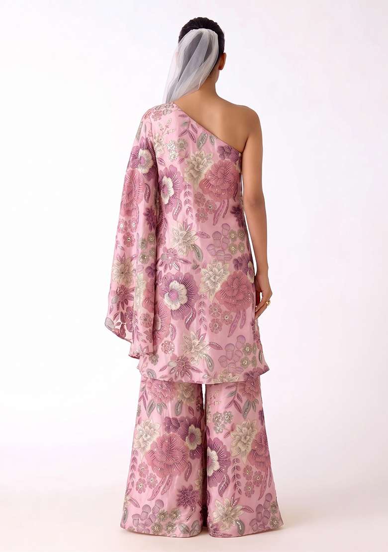 Pink Printed Chinon Sharara Set - Indya
