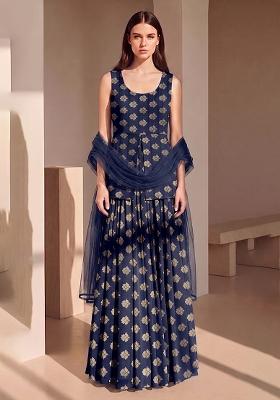 Navy Blue Jacquard Brocade Sharara Set