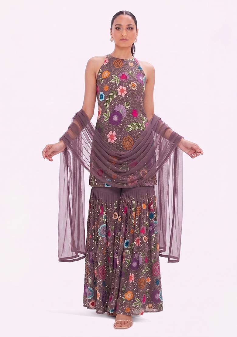 Multicolor Embroidered Georgette Sharara Set - Indya